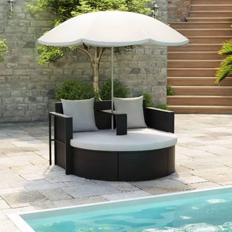 vidaXL Cama De Jard&iacute;n Con Sombrilla Rat&aacute;n Sint&eacute;tico Negro Vidaxl