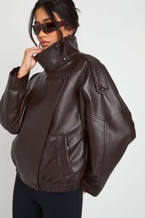 Boohoo Womens Faux Leather Funnel Neck Jacket - Chocolate - Size 12 UK