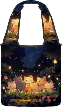 Generic Colorful Cartoon Kitten Reversible Canvas Shoulder Tote - Double-Sided Print, 12oz Cotton, 27cm Drop, Fold-Flat Bag for Travel, Shopping, Street Outin