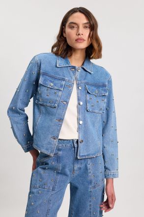 Karen Millen Womens Denim Studded Collared Jacket - Blue Cotton - Size 10 UK