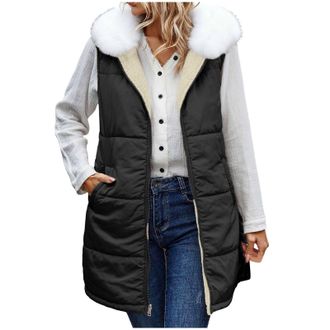 Generic Fleece Lined Gilet For Women Uk Faux Fur Hood Long Puffer Vest Quilted Padded Outdoor Jackets Ladies Sleeveless Lightweight Coat Open Front Cardigan Z