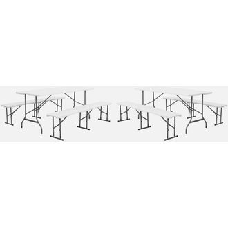 Sweeek Mesa De Recepci&oacute;n Plegable Acero 2 Bancos (lote De 2), Fiesta Set, Blanco, 180x69.5x73.5 Cm