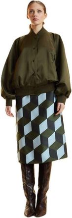Cynthia Rowley Silk Wool Midi Skirt in Geo Green/blue Combo at Nordstrom, Size 10