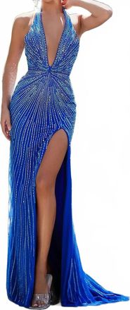 Portia & Scarlett Ps25162 Halter Neck Sequin Embellished Gown In Cobalt
