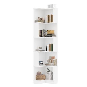 STILVORA Estanter&iacute;a Esquinera Con 5 Estantes Y Led, En Mdf, Para Estudio Y Sal&oacute;n, Blanco, 63.5&times;45&times;175 Cm
