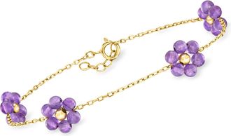 RS Pure by Ross-Simons Amethyst Flower Station Bracelet in 14kt Yellow Gold