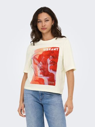 Only Kurzarmshirt ONLY ONLHAVANNA LIFE S/S VIBE TOP BOX JRS, Damen, Gr. L, tofu print:vibrant, Jersey, Obermaterial: 100% Baumwolle, bedruckt, regular fit 