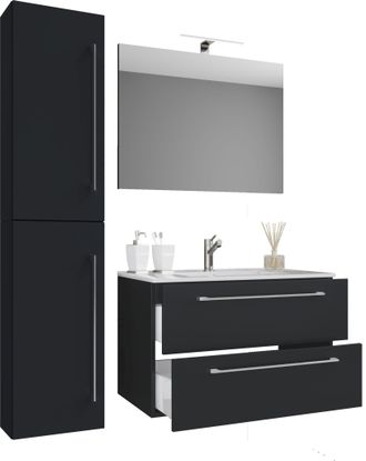 ebuy24 Ebuy24 - Vcm 5pcs Lavabo Lavabo Gabinete Inferior Ancho 60 Cm Muebles De Ba&ntilde;o Conjunto Con Cajones Espejo De Puertas Giratorias Badinos (negro)