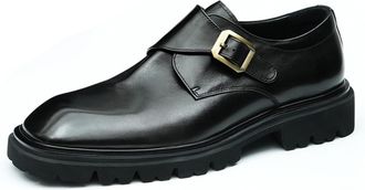 Generic Mens Low Block Heel Platform Loafers Square Toe Wedding Dress Shoes Slip on Monk Strap Loafers with Buckle,Black,7.5 UK