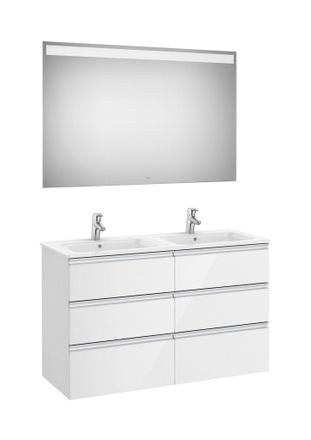 Roca Roca - Pack Mueble Base De 6 Cajones + Lavabo Doble + Espejo Led The Gap Color: Blanco Brillo