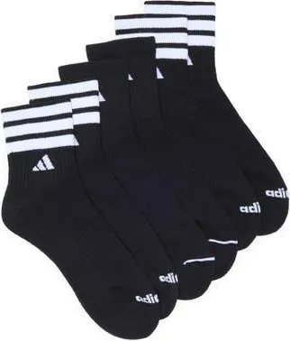adidas 3-Pack Cushioned 3-Stripe Quarter Crew Socks in Black/White at Nordstrom Rack, Size Large