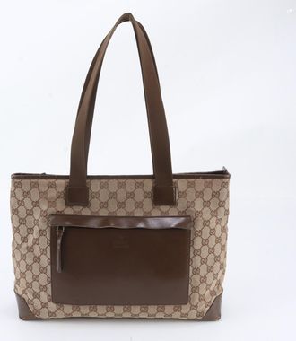 Gucci Brown Leather Canvas Handbag Shoulder Bag Tote Bag (Pre-Owned)