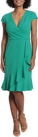 London Times Cap Sleeve Ruffle Faux Wrap Dress in Medium Green at Nordstrom Rack, Size 14