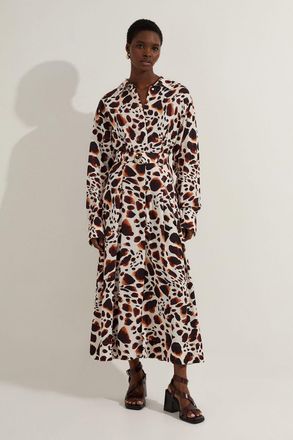 Karen Millen Womens Tall Premium Viscose Linen Woven Shirt Dress With Gold Buckle Belt - Animal - Size 12 UK