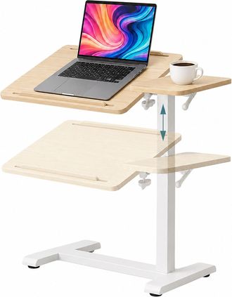 Relaxdays Relaxdays Mesa Elevable De Pie 67,5-102 Cm, Inclinable, Con Ruedas Integradas, Para Port&aacute;til, Forma C, Natural/blanco
