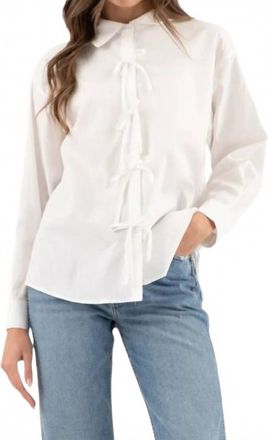 ZOE AND CLAIRE Ribbon Detail Poplin Long Sleeve Top In White