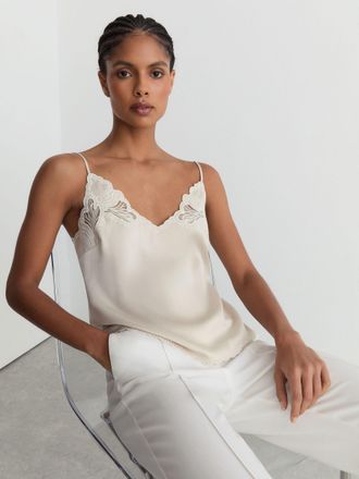 Reiss Neutral Satin Lace-detail Cami Top, 18