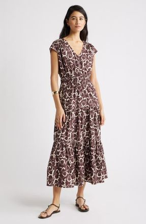 Nordstrom Tiered Poplin Maxi Dress in Brown Floating Ginko at Nordstrom, Size Xx-Small