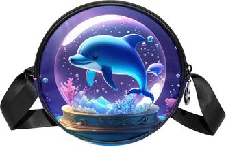 Generic Circle Crossbody Bag for Women, Dolphin Crystal Ball Small Sling Bag Daypack with Zipper Adjustable Shoulder Straps Casual Ladies Girls Round Purse