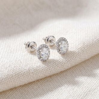 Pompeii3 1/2Ct TW Oval Shape Halo Diamond Studs 10k White or Yellow Gold Earrings