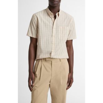 Vince Corbin Stripe Short Sleeve Button-Down Shirt in Mineral/Teak at Nordstrom, Size Xx-Large