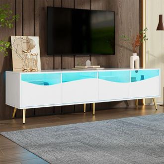 OEM Mueble De Tv Moderno, 180 X 40 X 50 Cm, Con Iluminaci&oacute;n Led, 4 Cajones, Estructura Blanca, Patas De Metal Dorado, Mueble De Sal&oacute;n