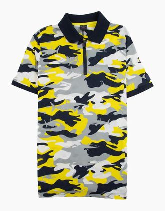 Paul & Shark Mens Paul And Shark Camouflage Short Sleeve Zip Polo Shirt Yellow Camo - Size: 36