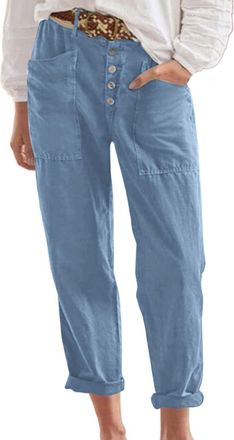 Generic Pull in Pants Women Plus Size - Lounge Pants Women Cuffed Cotton Linen Cropped Pants with Pockets Casual Pull Up Pants Loose Trousers for Women UK Lon