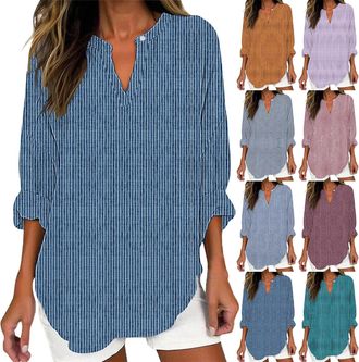 Generic Striped Shirt Womens Oversized Muslin Blouse Long Sleeve Shirts Striped Tops Elegant V-Neck Casual Tops Long Blouse Summer Shirts Loose Long Sleeve Sh