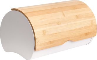 Beliani Panera De Metal Con Tapa De Bamb&uacute; Decorativa 38 X 24 X 20 Cm Blanco Y Marr&oacute;n Claro Saveur