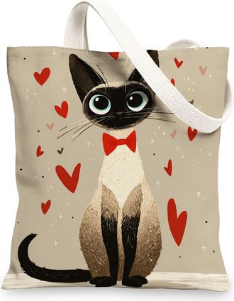 Generic Siamese Cat Canvas Tote Bag, Cute Reusable Shopping Bags, Lightweight Beige Shoulder Strap Bags, Beige, 13x15 Inch