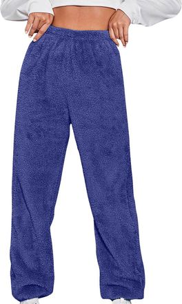 Generic Fleece Lined Trousers Women Fluffy Pyjama Bottoms Elastic High Waist Thick Thermal Leggings Plain Winter Warm Stretchy Leggings Casual Comfy Tapered L