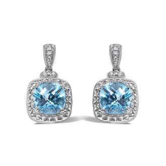 House of Brilliance Sterling Silver 8x8mm Cushion Cut Blue Topaz and Diamond Accent Drop Earrings