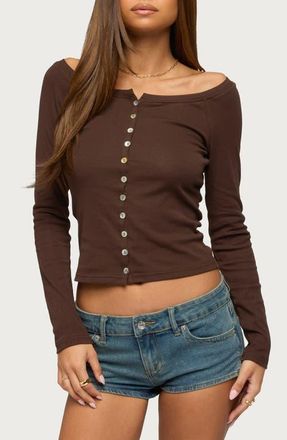 Edikted Button Front Knit Top in Brown at Nordstrom, Size X-Small