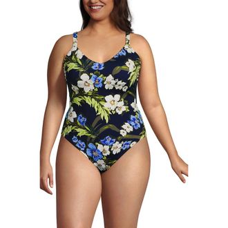 Lands End V-Neck High Leg Strappy Back One Piece in Deep Sea/blue Floral Tropic at Nordstrom, Size 18W