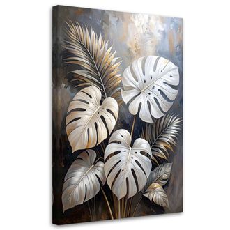 Feeby Cuadro Sobre Lienzo Hojas De Monstera Y Palmera Sobre Fondo Gris 70x100