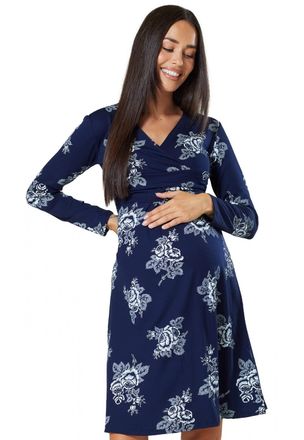Happy Mama Womens Maternity Jersey Empire Dress Long Sleeves Baby Shower. 890p (Navy & White Flowers, UK 12, L)