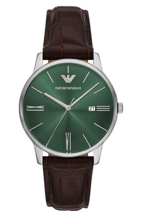 Emporio Armani Minimalist Leather Strap Watch, 39mm in Green/Brown at Nordstrom