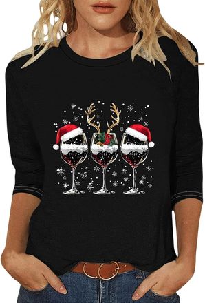 Generic 2025 Christmas Shirts for Women UK Funny Red Wine Glass Graphic Xmas Jumpers Cute Snowflake Print Ladies T Shirts Cotton 3/4 Length Sleeve Womens Tuni