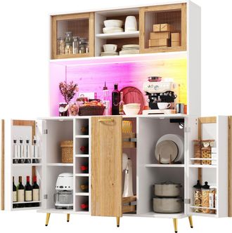 STILVORA Aparador De Cocina Con 5 Puertas, 1 Caj&oacute;n, Botellero, Estante Para Snacks, Led Y Enchufe, Mdf, Blanco Madera