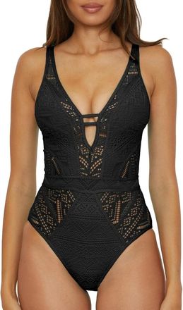 BECCA by Rebecca Virtue Color Play Swimsuits Womens Black Crochet Plunge One Piece NWO141