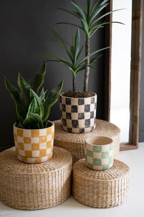 Kalalou Set Of Three Checkered Clay Planters With Trays