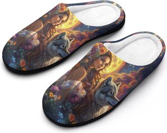 Generic Woman With Wolf Womens Slippers Warm House Slippers Indoor House Shoes with Anti-Skid Rubber Sole