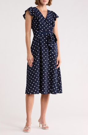 Eliza J Flutter Sleeve Fit & Flare Midi Dress in Navy at Nordstrom Rack, Size 10