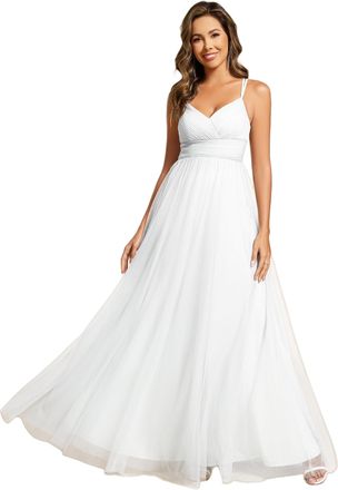 Ever-pretty Women Dress Maxi Bridesmaid Dress Tulle Long Dress with V Neck and Spaghetti Straps Backless Wedding Guest Evening Dress White 12