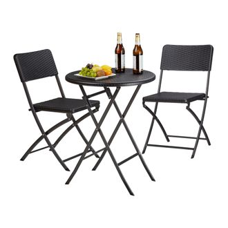 Relaxdays Relaxdays - Set Mesa Y Sillas Jard&iacute;n Bastian, Plegable, 3 Unidades, Efecto Rat&aacute;n, Muebles Exterior, 75,5x60x60 Cm, Negro