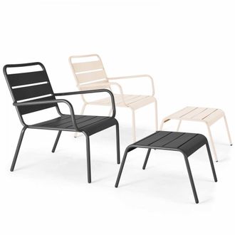 Oviala Lote de 2 sillones reclinables con reposapi&eacute;s de metal gris y marfil