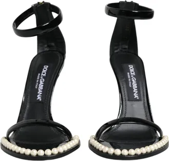 Dolce & Gabbana Black Keira Leather Faux Pearl Sandals Heels Womens Shoes (Pre-Owned)
