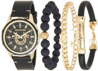 True Religion Arched Logo Faux Leather Strap Watch, 38mm & Assorted Bracelets Set in Gold at Nordstrom Rack