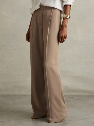 Reiss Mink Neutral Tall Elasticated-waist Wide-leg Twill Trousers, 14